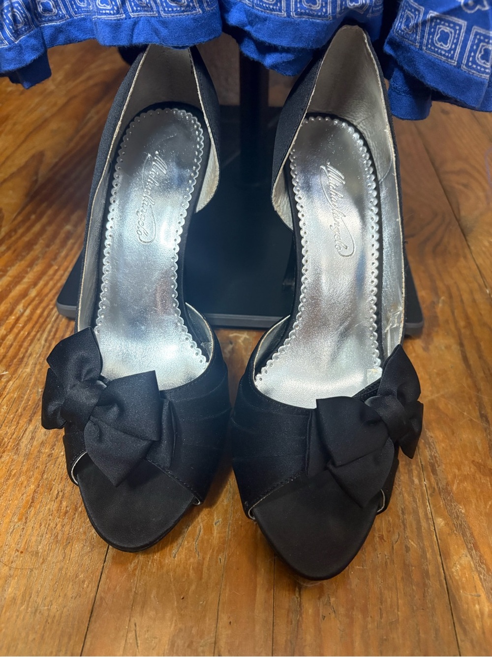 Michaelangelo Black Satin Peep-Toe Heels with Bow Accent